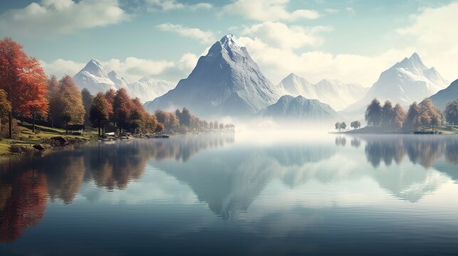 serene lakeside scene with a reflection of a majestic mountain Generative AI