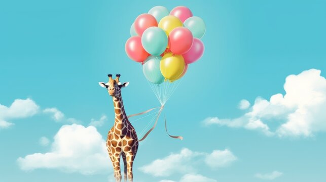 Portrait of happy giraffe with bunch of balloons in the sky. Wide banner, festive Birthday concept. AI generated design. 