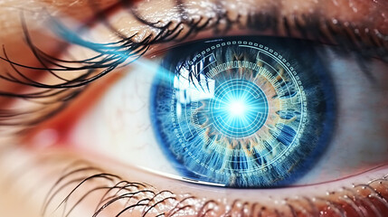 Blue eye overlaid with digital technology symbols and laser light ray, representing the concept of laser vision technology for eye surgery