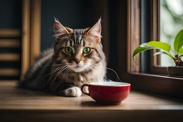 Naklejka na ściany i meble cat on a window sill taking green tea generated ai
