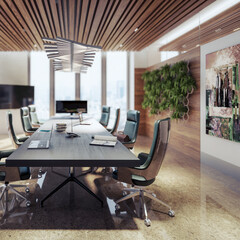 Conference Table inside a Meeting Area in Wood Design With Plants and Artwork - 3D Visualization
