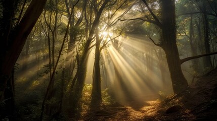rays of sunlight breaking through the treetops Generative AI