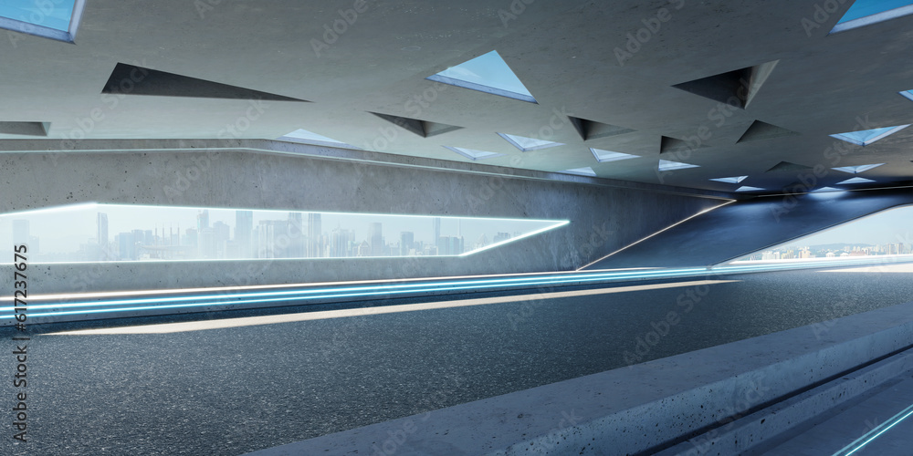 Poster 3d empty aspahalt road and roof architecture with triangular element design