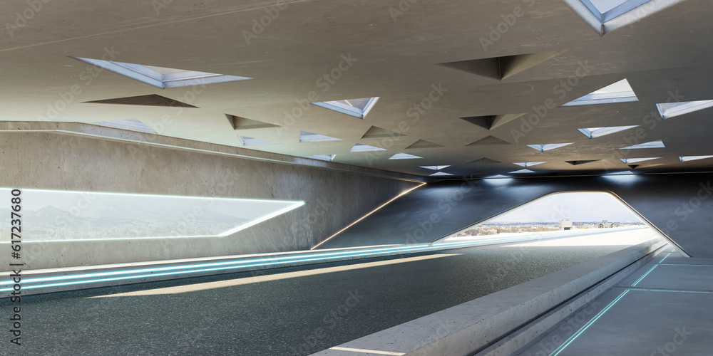 Poster 3d empty aspahalt road and roof architecture with triangular element design
