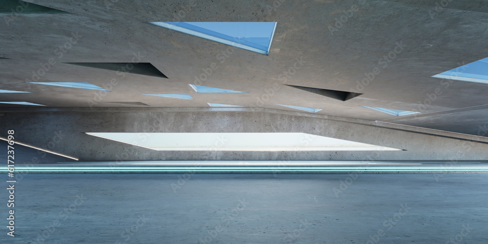 Poster 3d empty concrete floor and roof interior architecture with triangular element design
