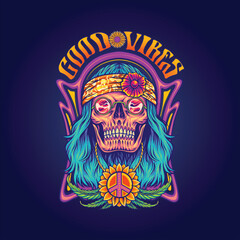 Dressing skull bohemian style hippie culture illustrations vector illustrations for your work logo, merchandise t-shirt, stickers and label designs, poster, greeting cards advertising business company