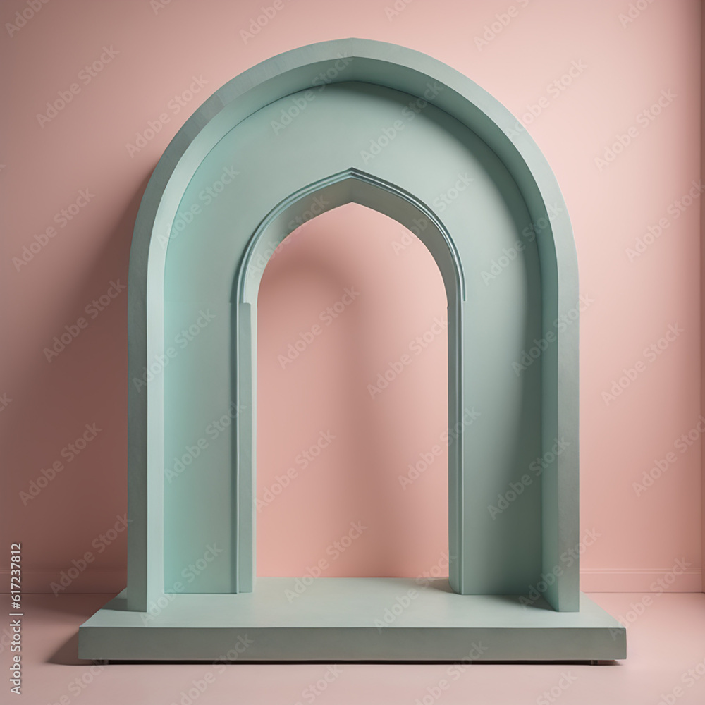 Poster empty seafoam green concrete arch display podium with a unique pattern, illuminated by soft and ethe