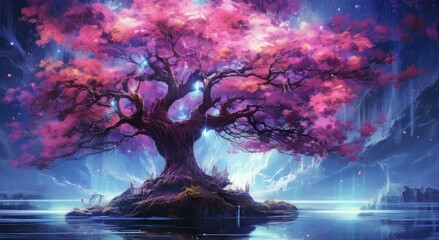Fototapeta premium Beautiful magic landscape with big tree and lake