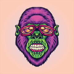 Macho gorilla angry head sporting sunglasses vector illustrations for your work logo, merchandise t-shirt, stickers and label designs, poster, greeting cards advertising business company