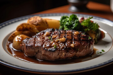 Close-Up of Steak Meal Served in Plate, Generative AI