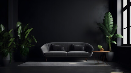 Minimalist modern living room with black sofa and black wall with indoor plant created with Generative AI