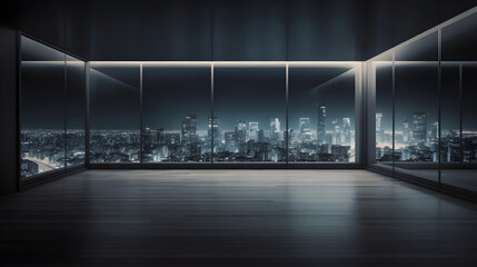 Empty space of modern interior business building with big glass windows and skyline view at night created with Generative AI