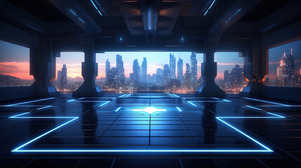 illuminated rooftop futuristic modern architecture and empty floor. Created with Generative AI.