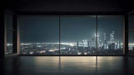 Obraz na płótnie Canvas Empty space of modern interior business building with big glass windows and skyline view at night created with Generative AI