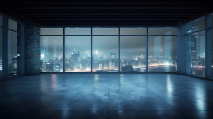 Fototapeta na wymiar Empty space of modern interior business building with big glass windows and skyline view at night created with Generative AI