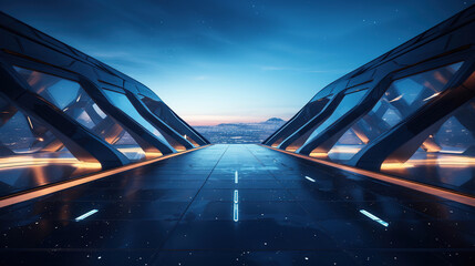 Obraz premium illuminated rooftop futuristic modern architecture and empty floor. Created with Generative AI.