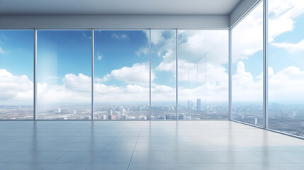 Empty space of modern interior business building with big glass windows and skyline view created with Generative AI - obrazy, fototapety, plakaty
