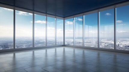 Empty space of modern interior business building with big glass windows and skyline view created with Generative AI