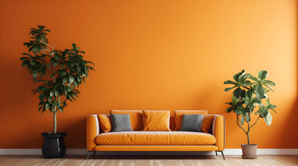Minimalist modern living room with orange sofa and orange wall with indoor plant created with Generative AI