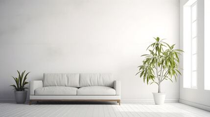 modern white living room with sofa and wooden wall with indoor plant created with Generative AI