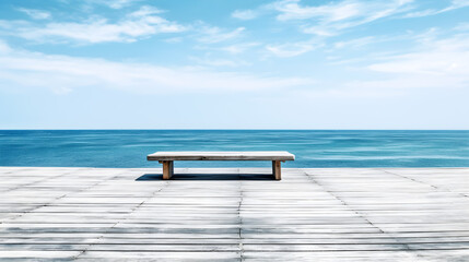 Obraz na płótnie Canvas wooden bench on the beautiful blue beach and blue sky created with Generative AI