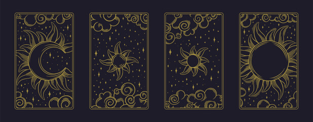 Tarot aesthetic divination cards. Boho tarot design for oracle card covers. Vector illustration isolated in dark background
