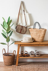 Hallway interior - ficus in a basket, oak bench, straw basket, bags, shoes. Scandinavian style...