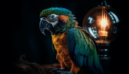 Cute macaw perching on branch, vibrant feathers generated by AI