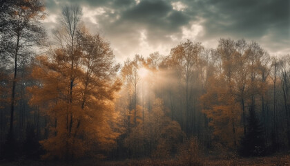 Autumn forest fog, orange leaves, mystery, beauty generated by AI