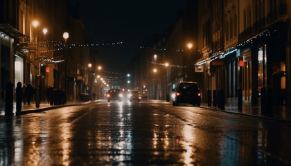 Fototapeta na wymiar Bright headlights illuminate city streets in motion generated by AI