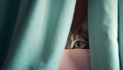 Cute kitten hiding behind curtain, peeking out generated by AI