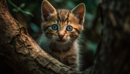 Obraz premium Fluffy kitten staring with curious green eyes generated by AI