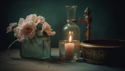 Fototapeta na wymiar Romantic candlelight illuminates antique still life composition generated by AI