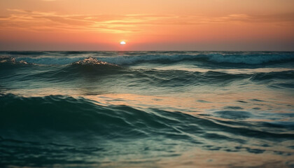 Orange sunset over tranquil wave patterned water generated by AI