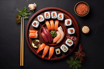 Fototapeta na wymiar Flat lay sushi composition with copyspace