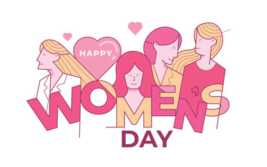 Happy womens day with four women, Sisterhood and females friendship illustration