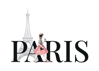 Paris trendy banner with copy space. Stylish modern girl in a skirt and beret drinks coffee near the Eiffel Tower. Fashion graphic sketch. Vector hand drawn illustration isolated on white background.