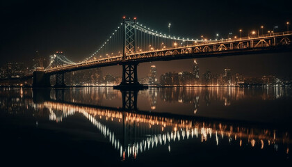 Illuminated cityscape reflects on water under suspension bridge generated by AI