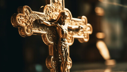 Close up of old wooden religious cross praying generated by AI - obrazy, fototapety, plakaty