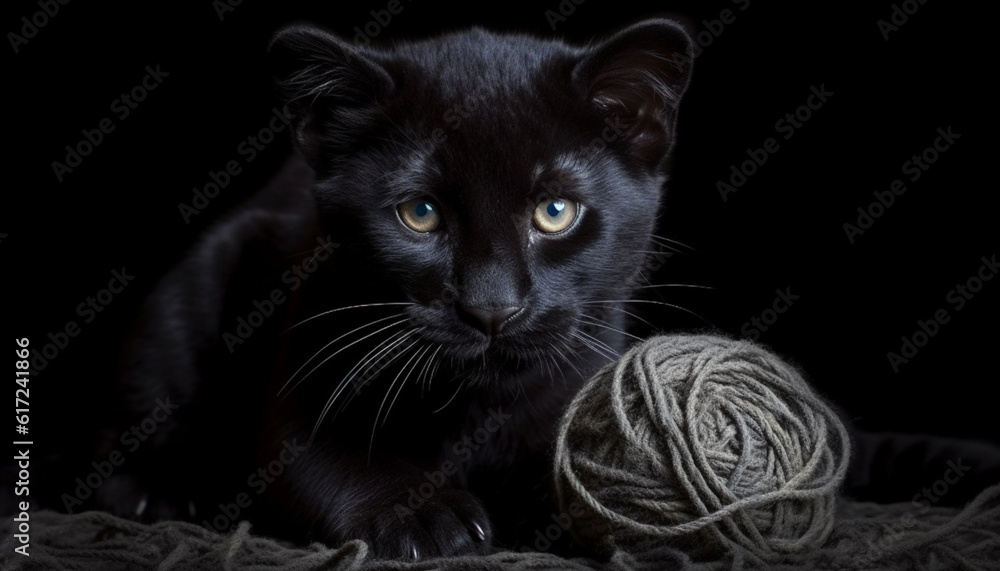 Sticker Fluffy kitten playing with wool string toy generated by AI