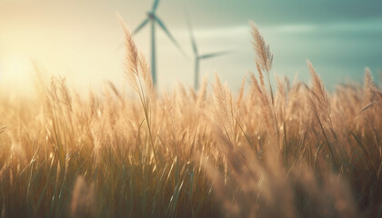 Obraz premium Sunset silhouette of wind turbine in meadow generated by AI