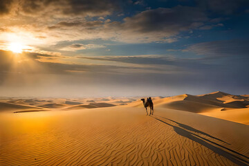 Fototapeta na wymiar An awe-inspiring desert landscape at dawn, vast golden dunes stretching into the distance