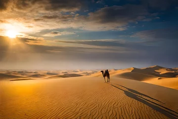 Foto op Canvas An awe-inspiring desert landscape at dawn, vast golden dunes stretching into the distance © Beste stock