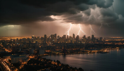 Naklejka na ściany i meble Electricity illuminates city skyline during thunderstorm night generated by AI
