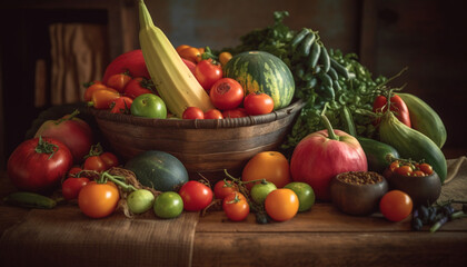 Fresh organic vegetables in rustic autumn basket generated by AI