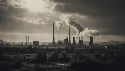 Smokestack silhouette pollutes sky in manufacturing industry generated by AI