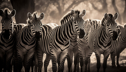 Striped zebra herd in a row on savannah generated by AI