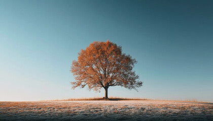 Obraz na płótnie Canvas Tranquil autumn meadow, tree trunk, back lit generated by AI