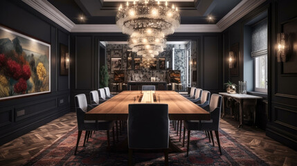 Dining room that feels both glamorous and private, with a statement chandelier and plush, velvet chairs arranged around a long table. Generative AI