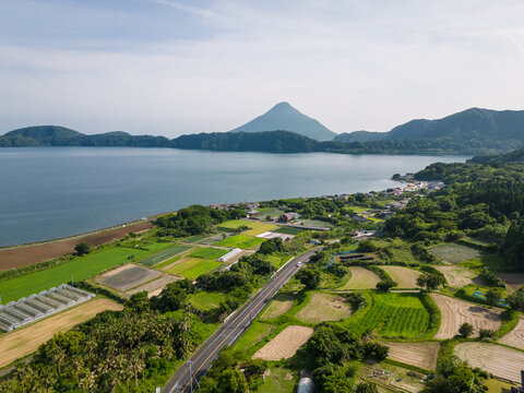 Kaimon volcano and the rural landscape around the lake Ikeda in Kyushu in Japan